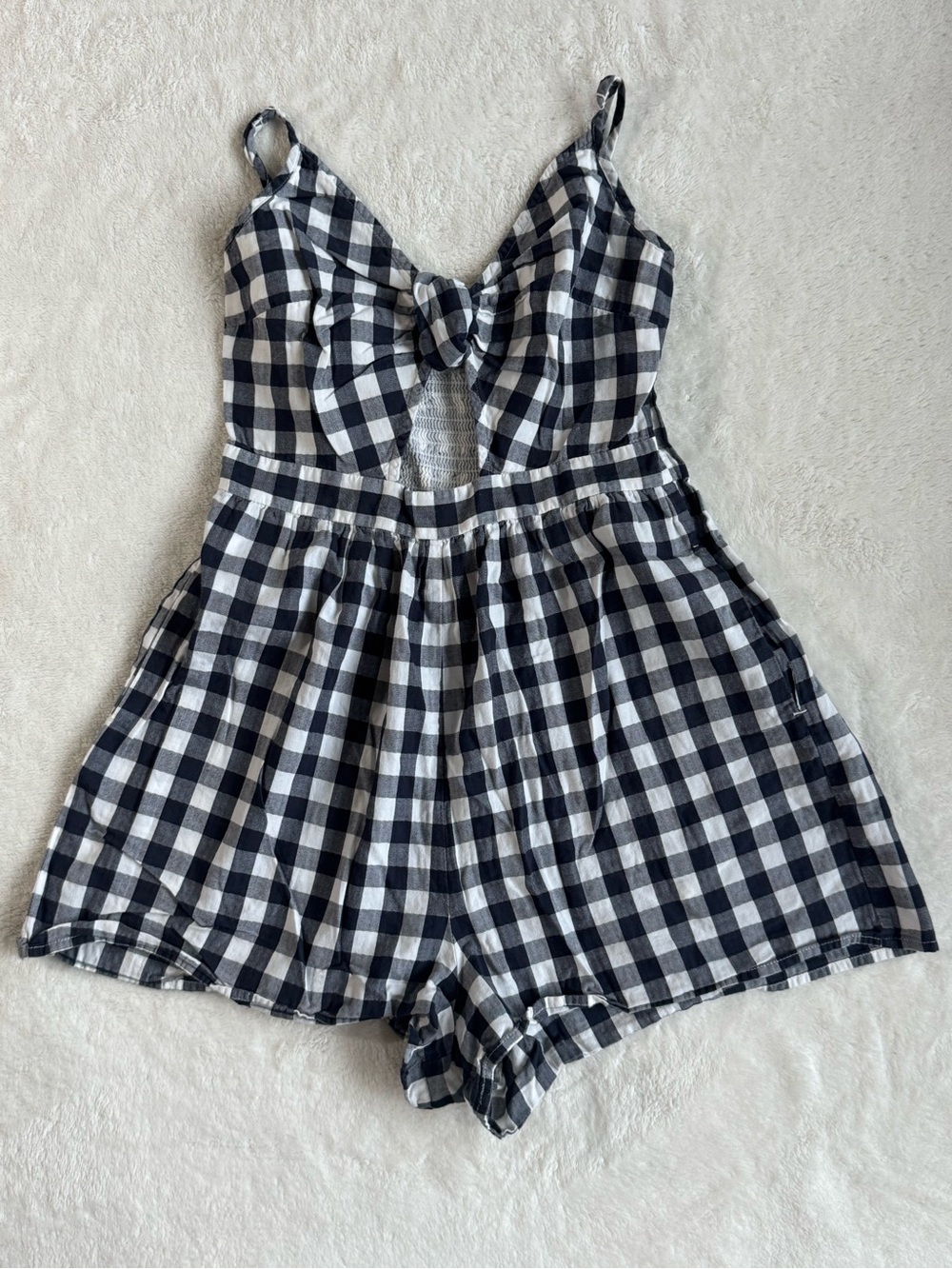 American Eagle Gingham Bow Front Smocked Romper S